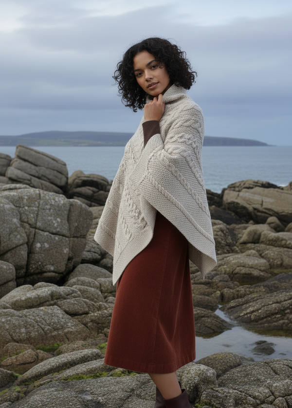 Aran Crafts Merino Wool Poncho | Traditional Irish Cable Knit | Oatmeal