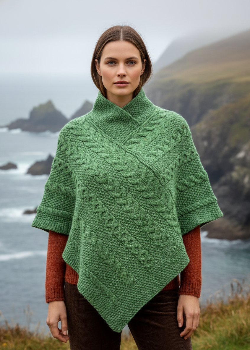 Aran Crafts Green Merino Wool Poncho | Traditional Irish Cable Knit