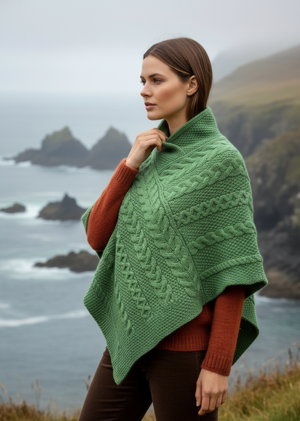 Aran Crafts Green Merino Wool Poncho | Traditional Irish Cable Knit