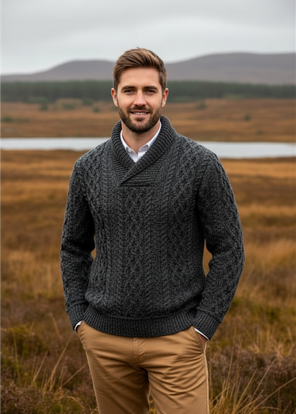 Aran Bunratty Shawl Collar Sweater | 100% Merino Wool | Charcoal