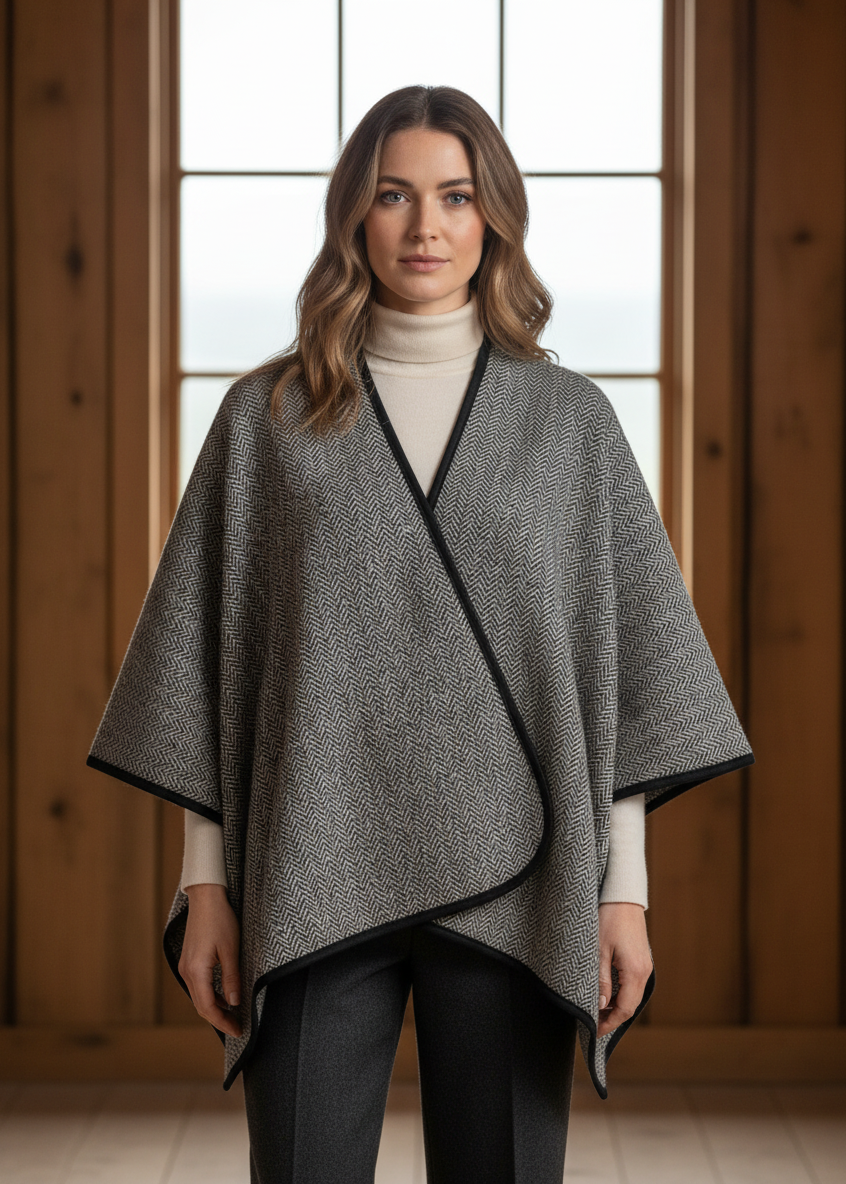 New model wearing herringbone tweed poncho
