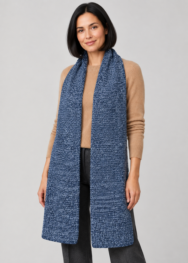 New model with full-length Denim scarf, standing pose