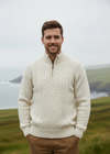 Men's Aran Half Zip Sweater - Natural Cream | 100% Merino Wool | Irish Cable Knit- Hands in Pockets