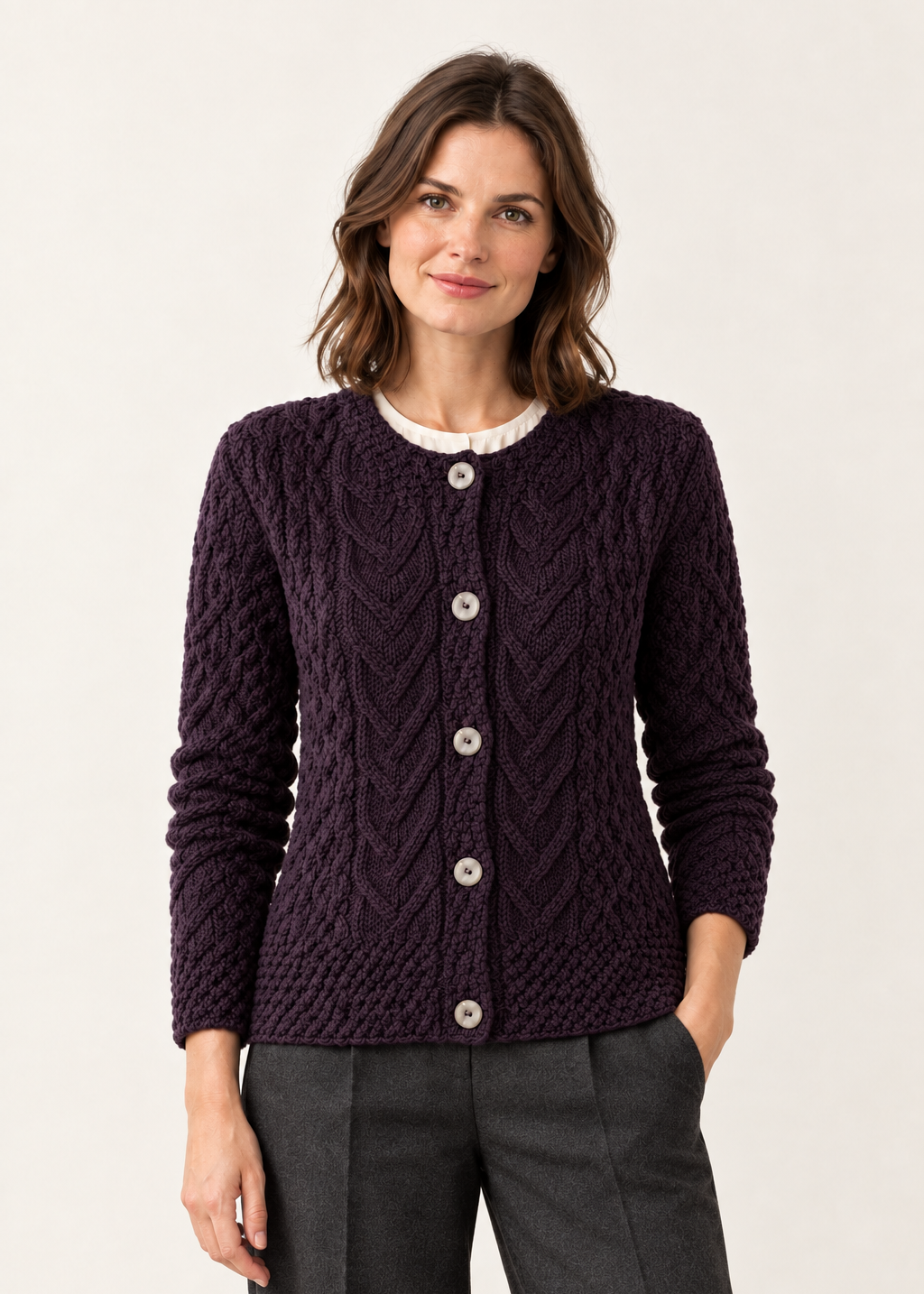 Women's Aran Cable Knit Cardigan | Dark Purple