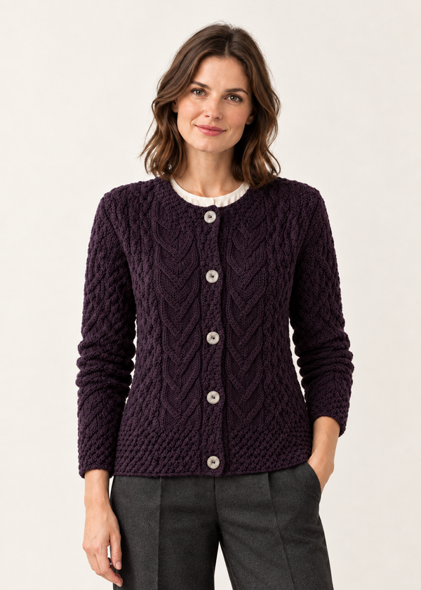 Women's Aran Cable Knit Cardigan | Dark Purple