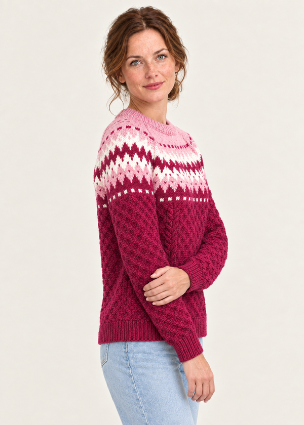 Ladies Slim-Fit Aran Fair Isle Sweater | Raspberry Marl