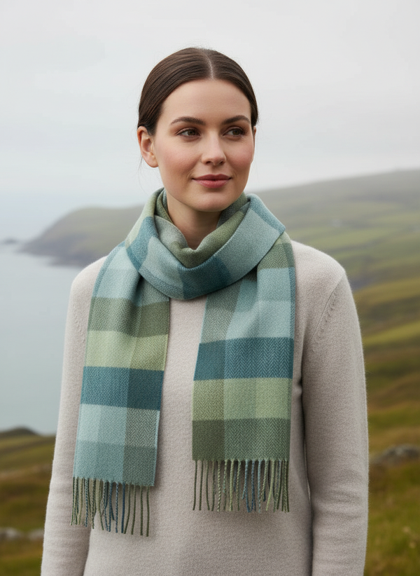 Foxford Lambswool Scarf | Green & Blue Check