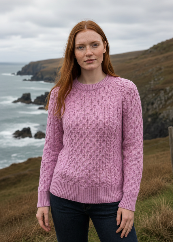 Ladies Slim-Fit Aran Sweater | Rose Pink | 100% Merino Wool