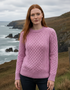 Ladies Slim-Fit Aran Sweater | Rose Pink | 100% Merino Wool