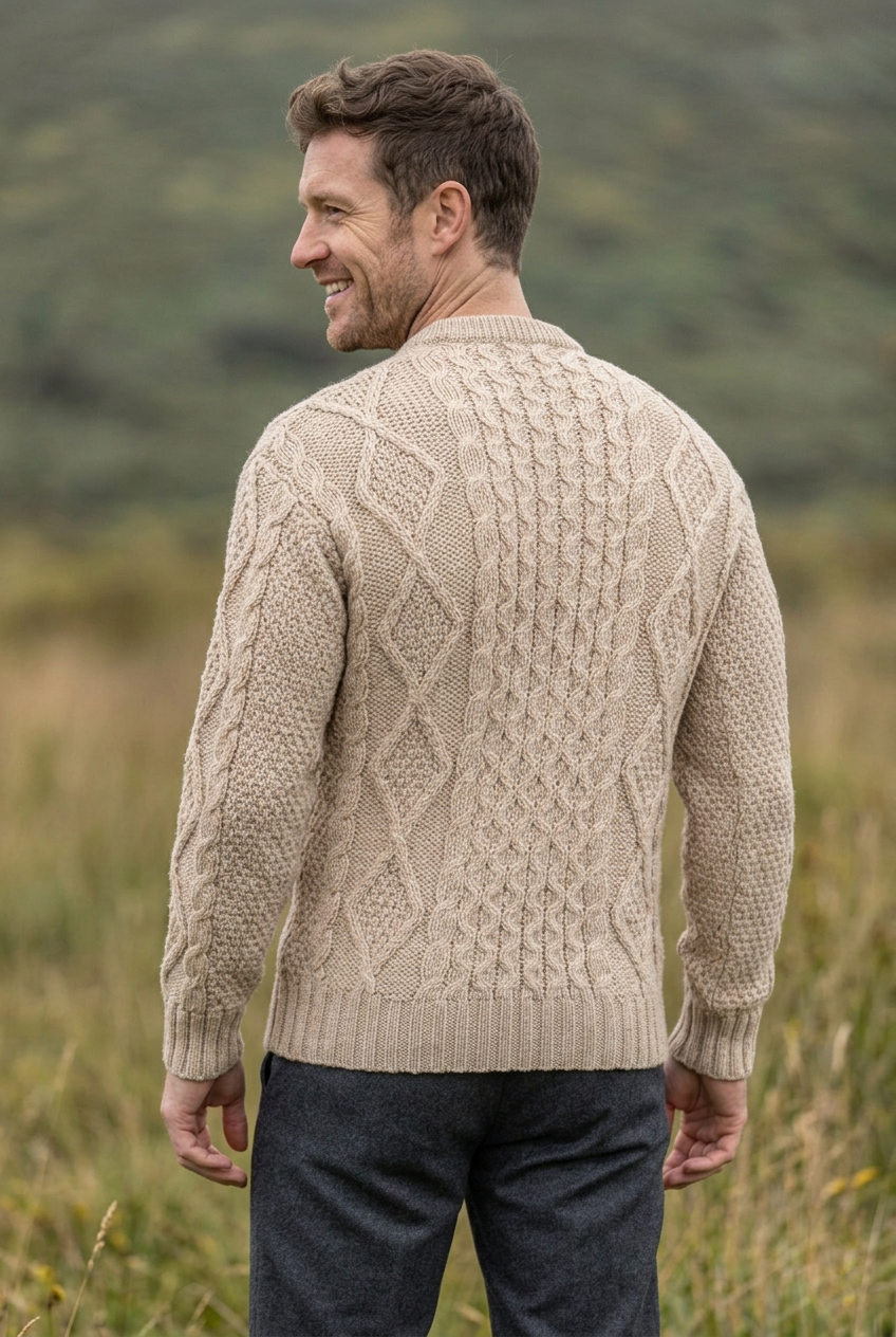 Oatmeal Aran sweater, smiling over-the-shoulder back pose in the matching grassland setting