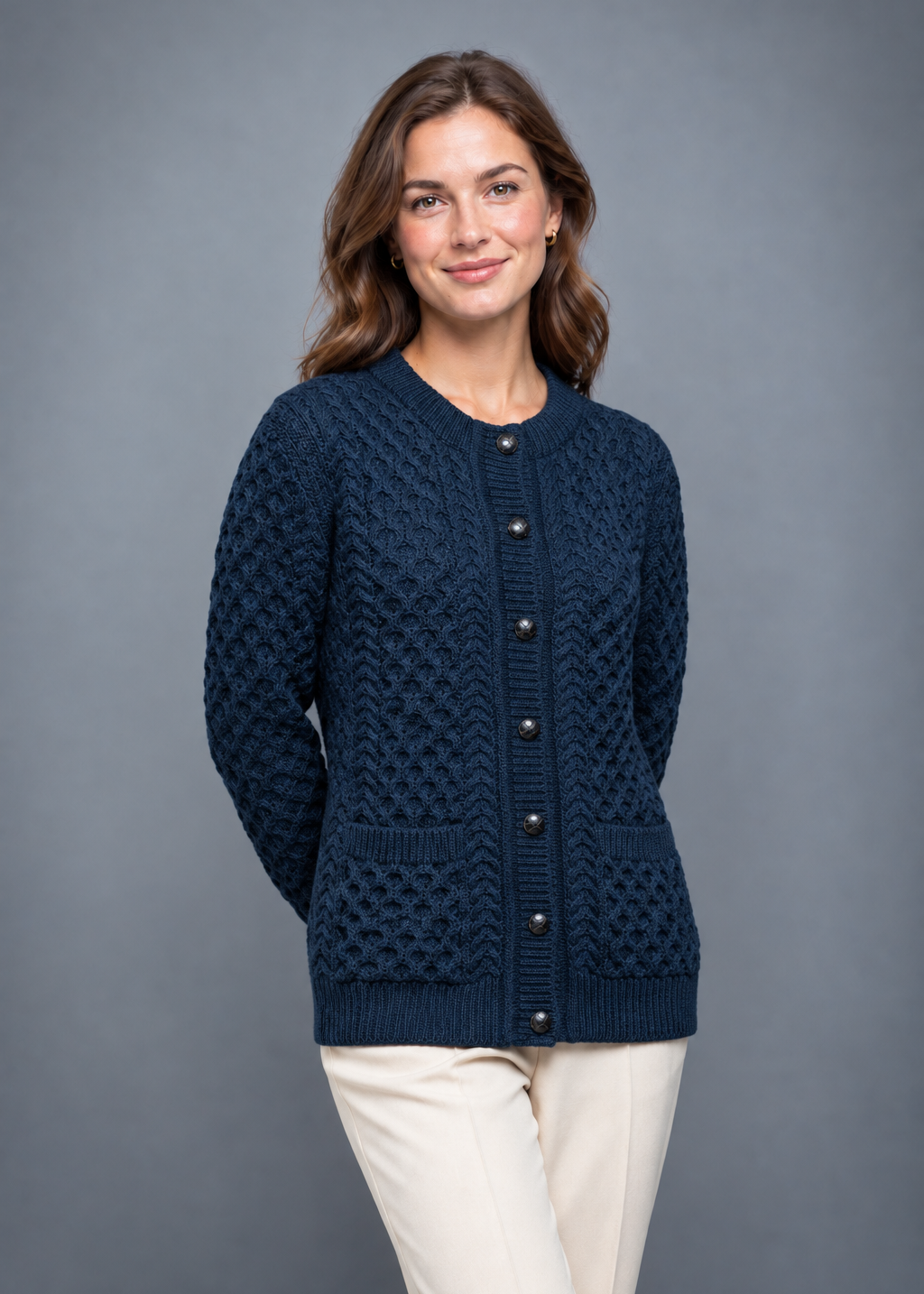 Ocean cardigan, angled studio pose