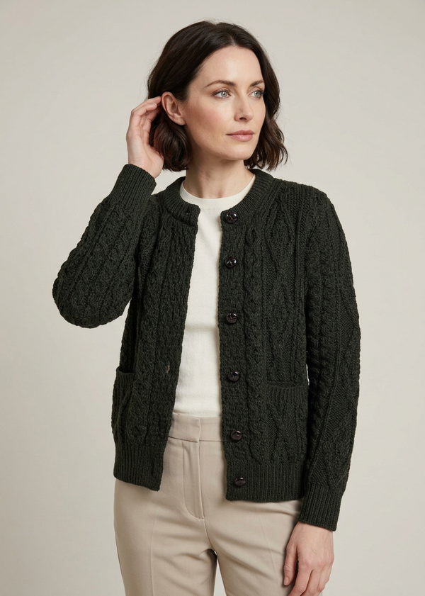 Inagh Ladies Aran Cardigan | Army Green | 100% Worsted Wool