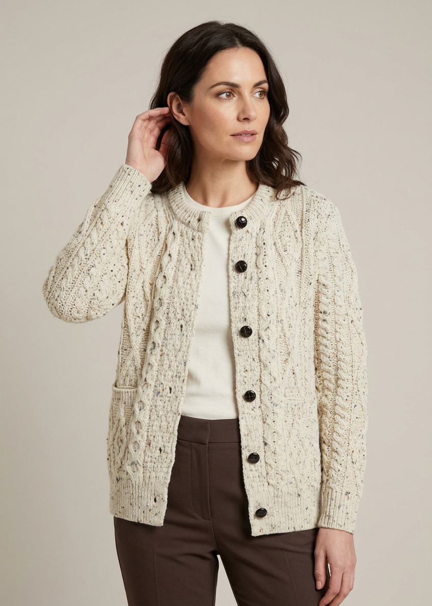 Open-cardigan studio pose