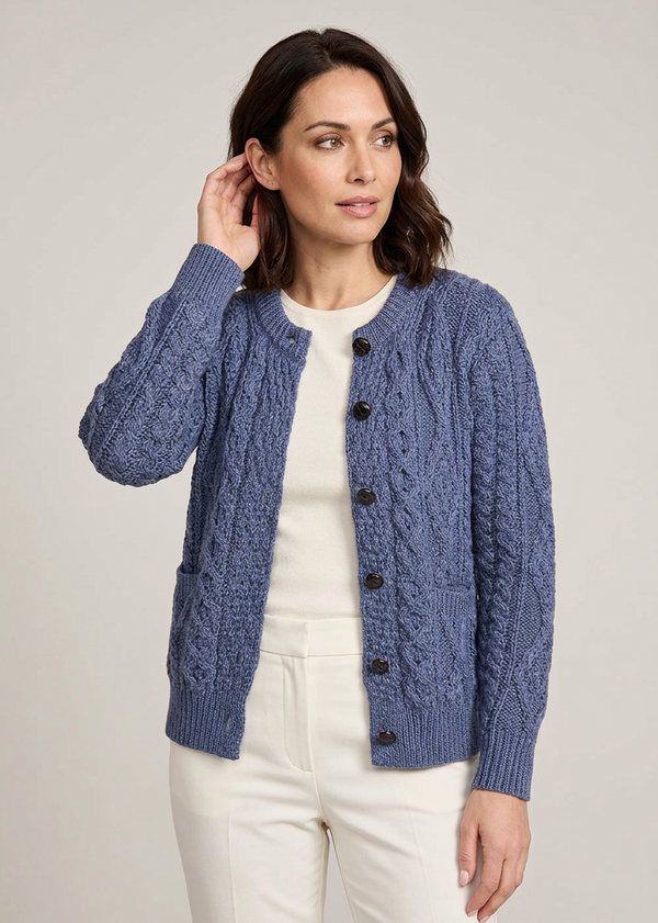 Women's Aran Cardigan in Denim Blue