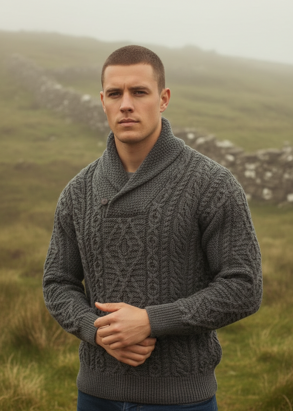 Aran Shawl Neck Sweater | Slate
