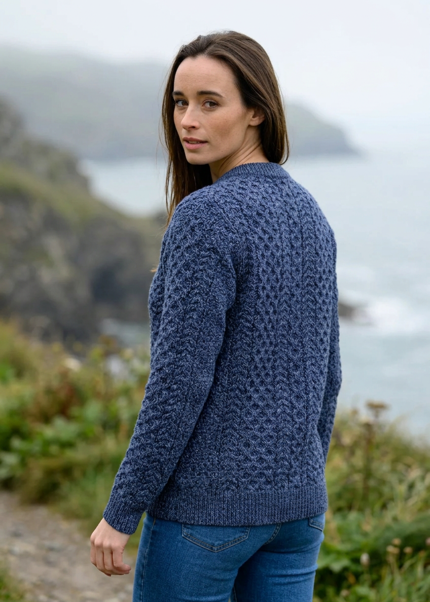 Women's Aran Lumber Cardigan - 100% Merino Wool | Denim Marl