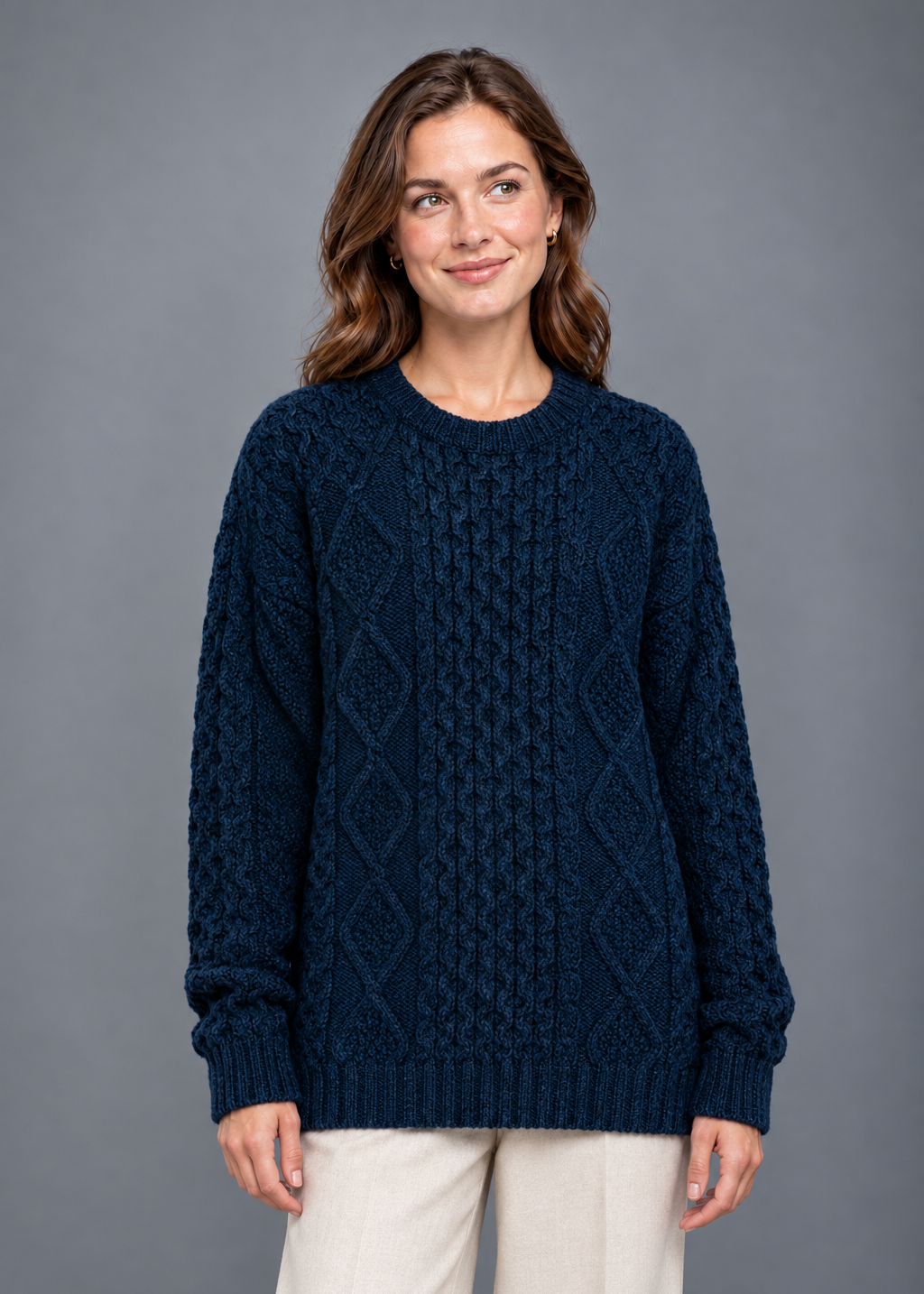 Oversized navy sweater, front-facing pose