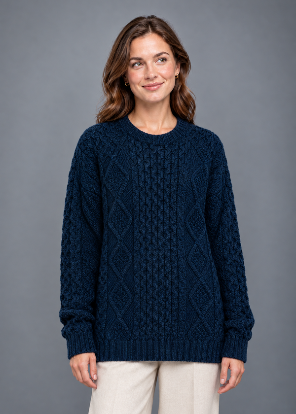Oversized navy sweater, front-facing pose