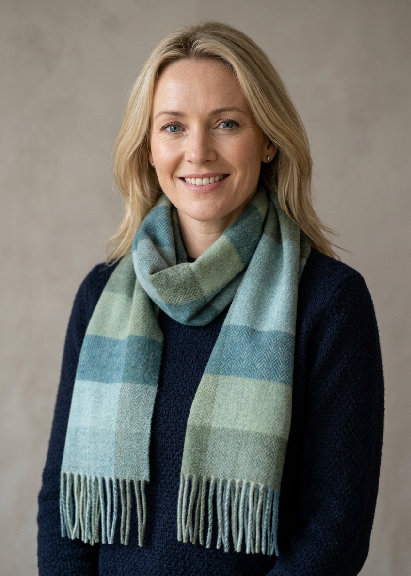 Foxford Lambswool Scarf | Green & Blue Check