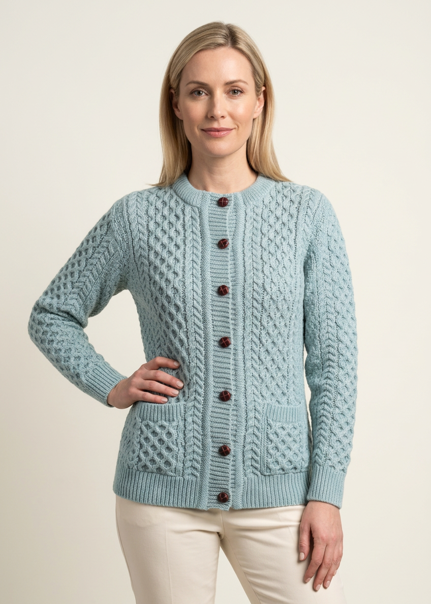 Aran Cable Knit Cardigan | 100% Wool | Aqua