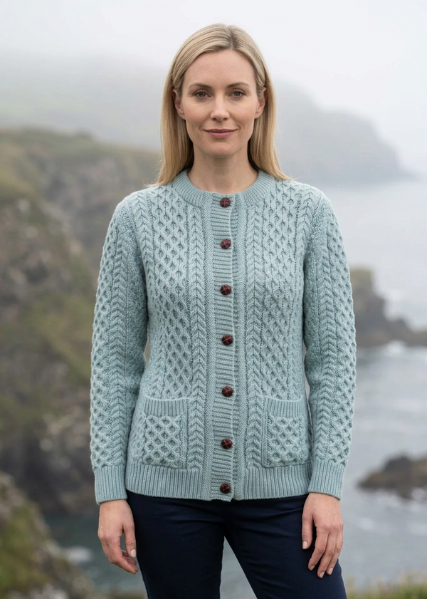 Aran Cable Knit Cardigan | 100% Wool | Aqua