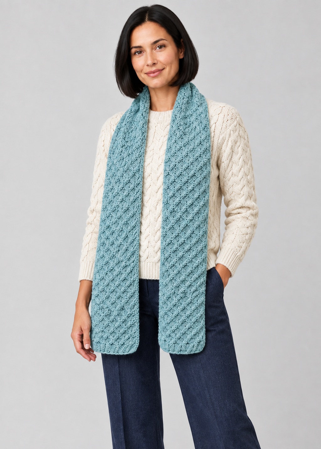 Aran Merino Wool Honeycomb Scarf | Aqua Marl