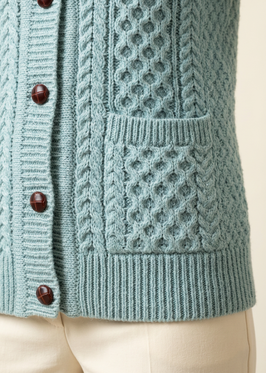 Pale-aqua cardigan pocket and hem close-up