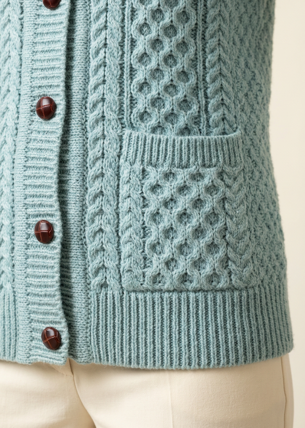 Pale-aqua cardigan pocket and hem close-up