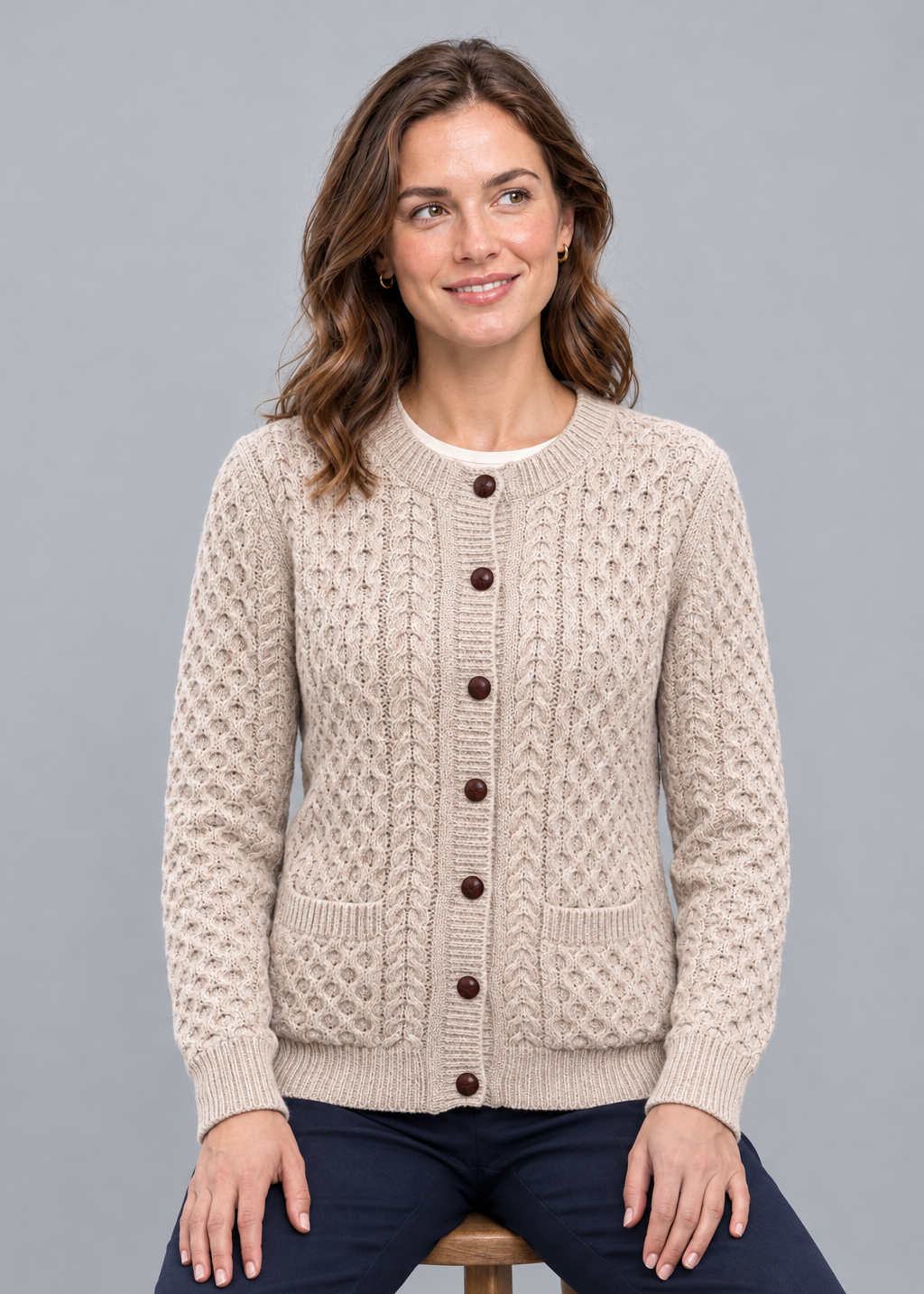 Aran Lumber Cardigan | 100% Merino Wool | Oatmeal