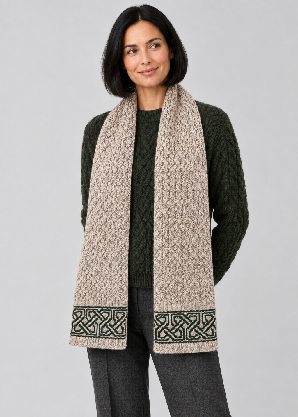 Parsnip Celtic scarf, angled studio pose