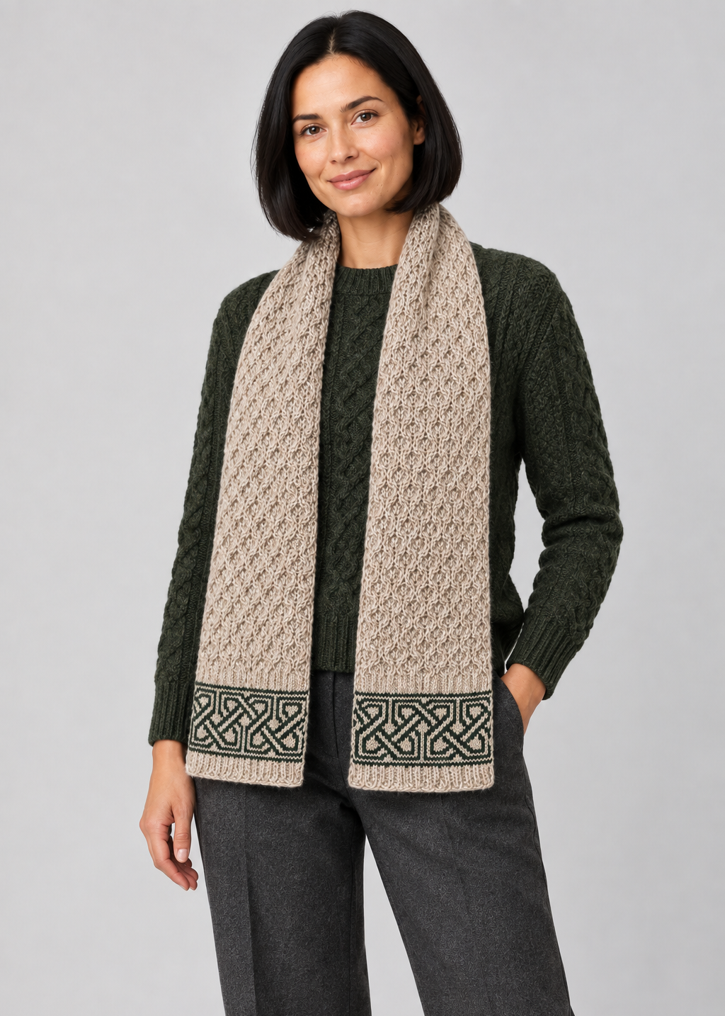 Parsnip Celtic scarf, standing studio pose