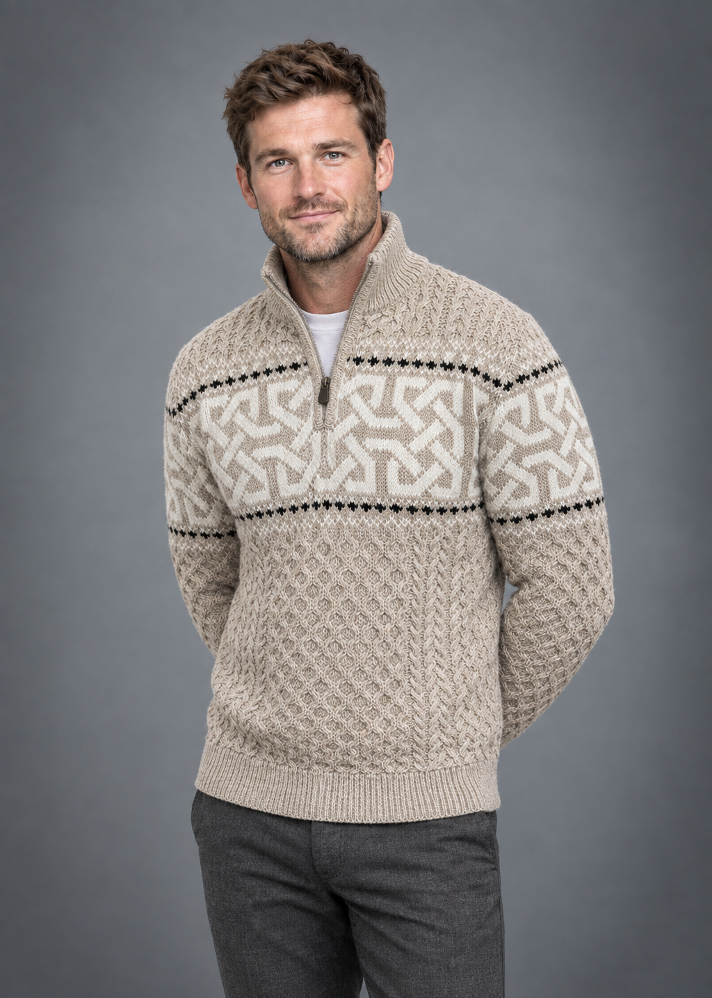 Aran Celtic Design Half Zip Sweater | 100% Merino Wool | Parsnip