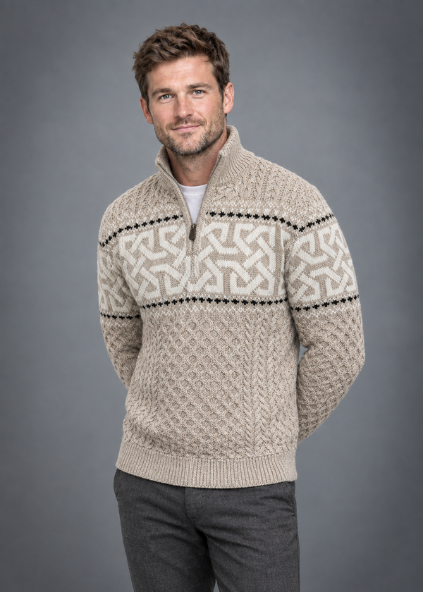 Aran Celtic Design Half Zip Sweater | 100% Merino Wool | Parsnip