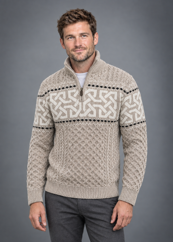 Aran Celtic Design Half Zip Sweater | 100% Merino Wool | Parsnip