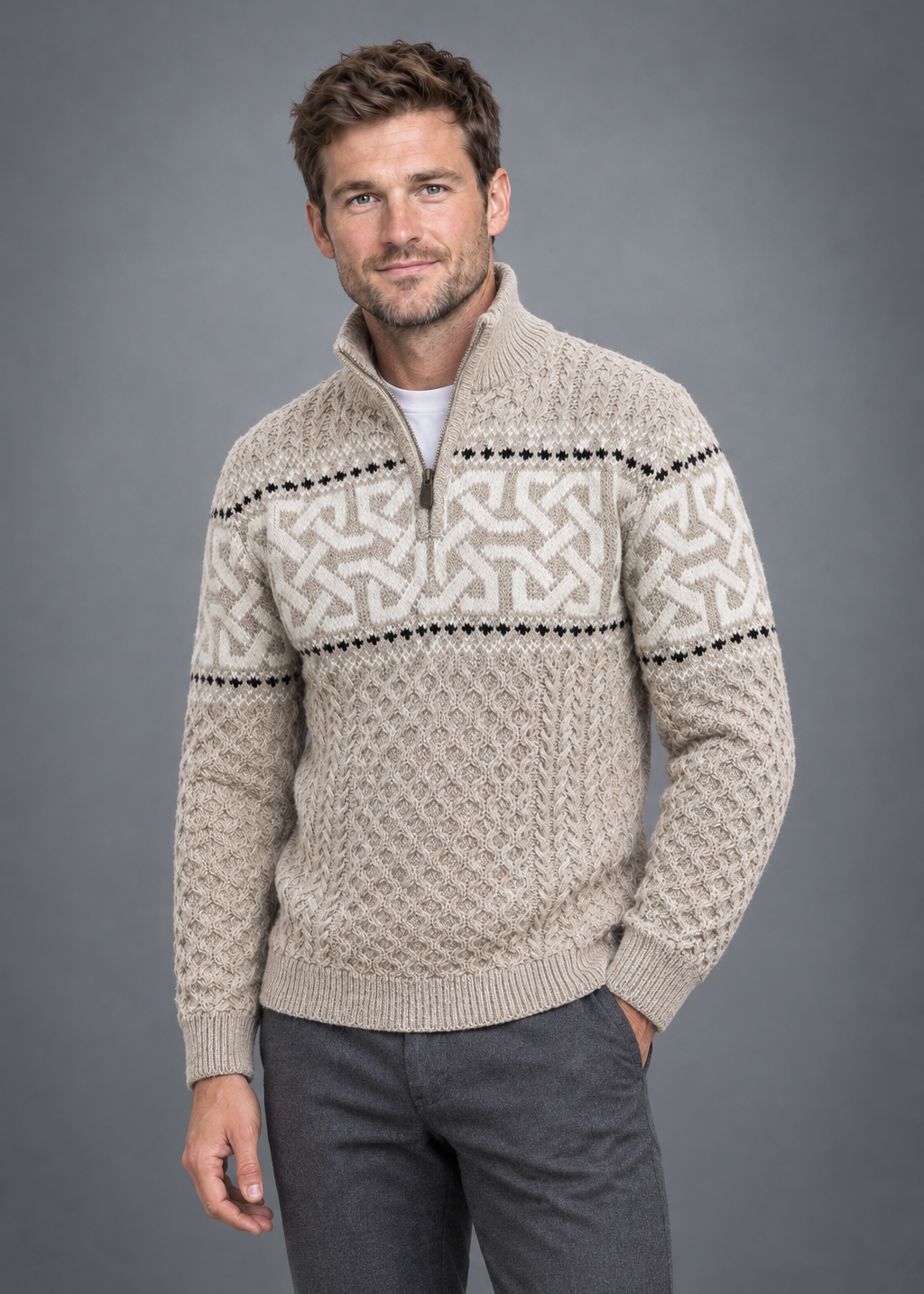 Aran Celtic Design Half Zip Sweater | 100% Merino Wool | Parsnip