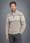 Aran Celtic Design Half Zip Sweater | 100% Merino Wool | Parsnip