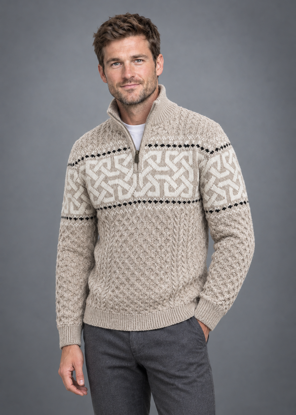 Aran Celtic Design Half Zip Sweater | 100% Merino Wool | Parsnip