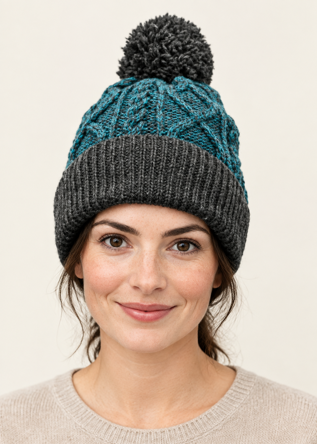 Two Tone Aran Pom Pom Hat – Peacock & Charcoal