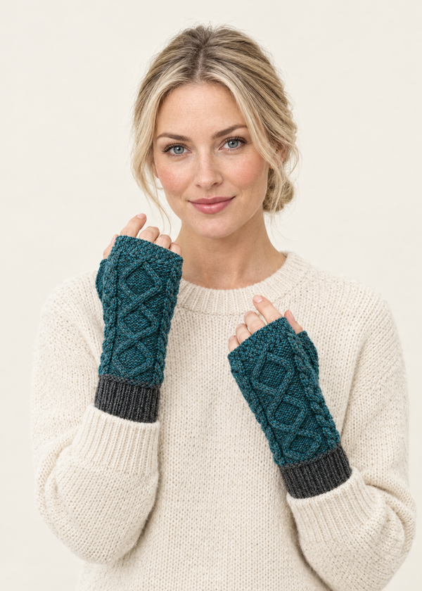 Two Tone Aran Mittens – Peacock & Charcoal