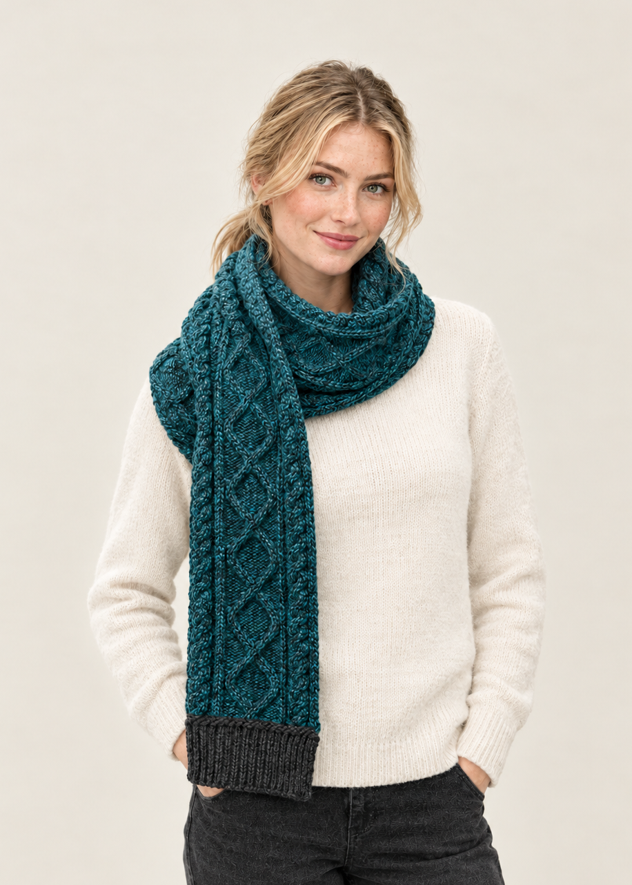 Peacock and Charcoal scarf on a new bareheaded model