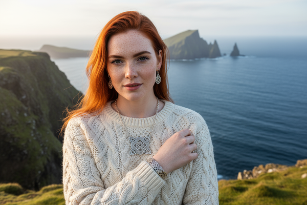 perfect keep the identical background. female Icelandic model with red hair and freckle wearing a natural Aran sweater. Wearing a Celtic necklace bracelet and earrings show jewellery perfectly Skelligs in the background and photo taken from bray head. CROP 5 x 7