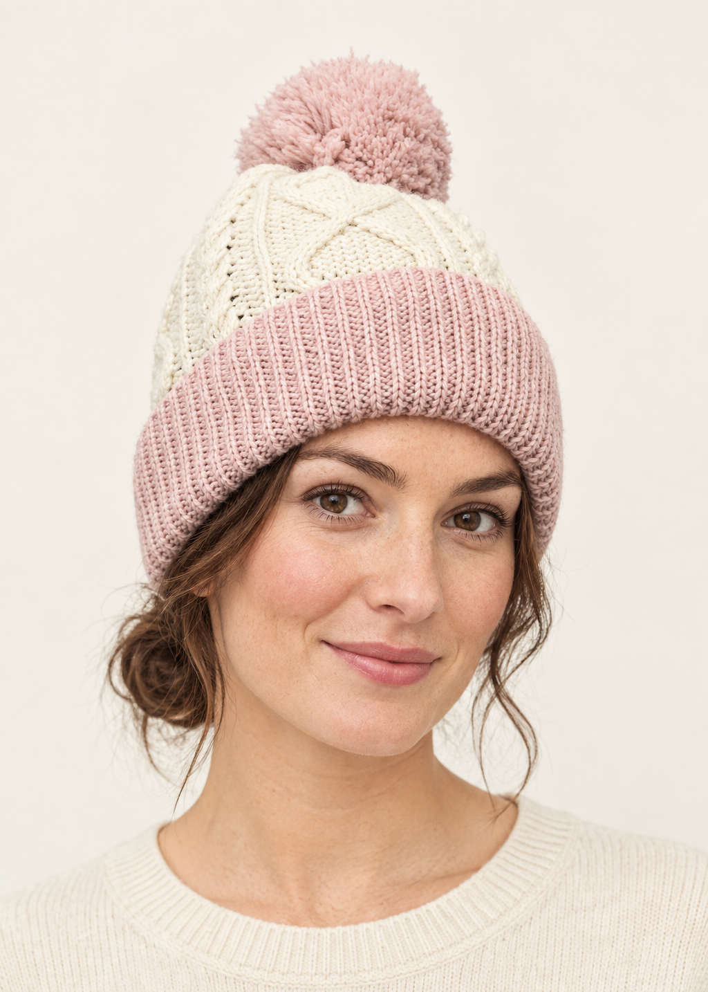 Two Tone Aran Pom Pom Hat | Natural & Pink