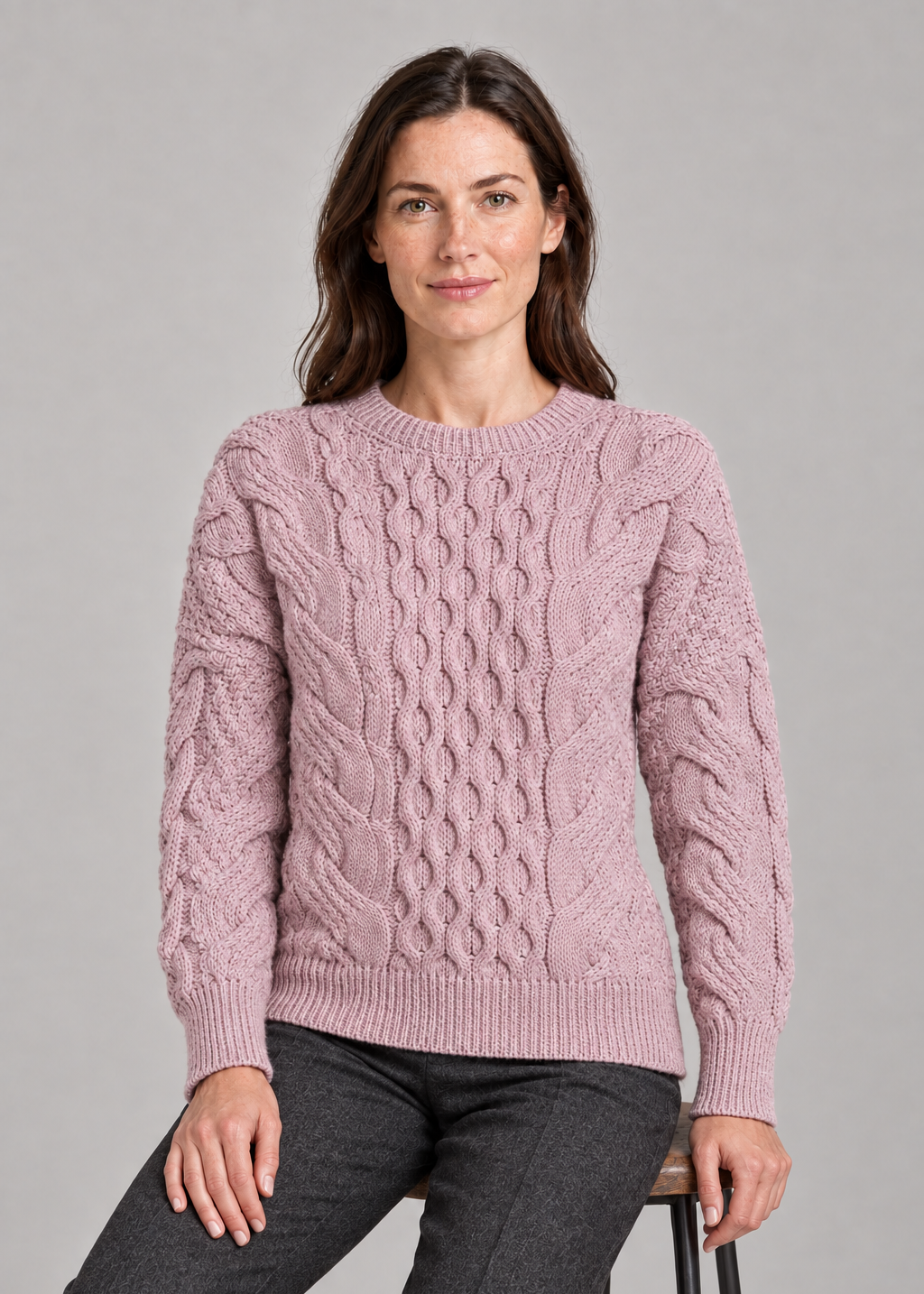 Ladies Long Crop Cable Supersoft Merino Aran Sweater | Pink