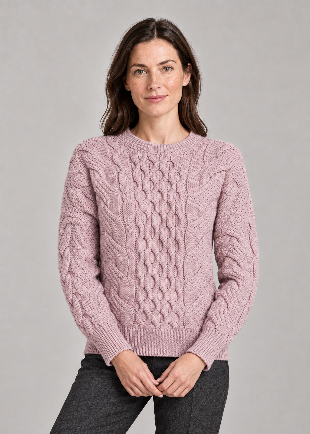 Ladies Long Crop Cable Supersoft Merino Aran Sweater | Pink