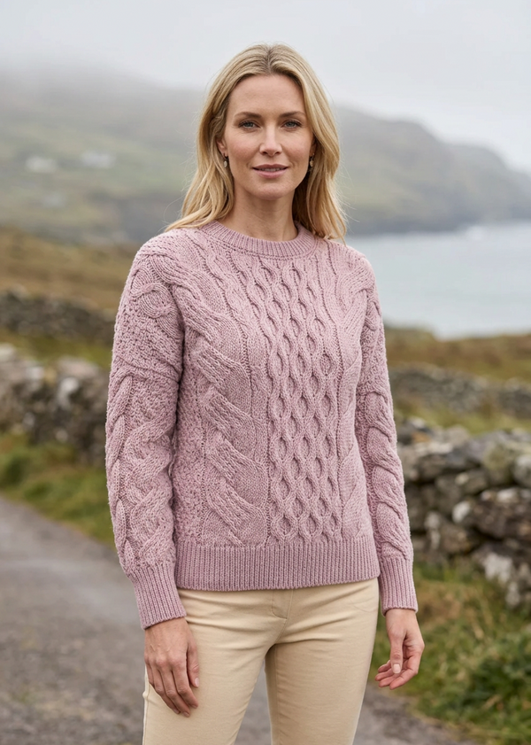 Ladies Long Crop Cable Supersoft Merino Aran Sweater | Pink