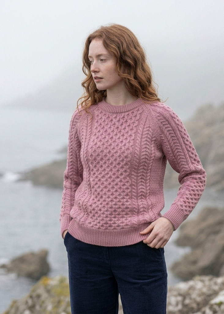 Ladies Slim-Fit Aran Sweater | Rose Pink | 100% Merino Wool