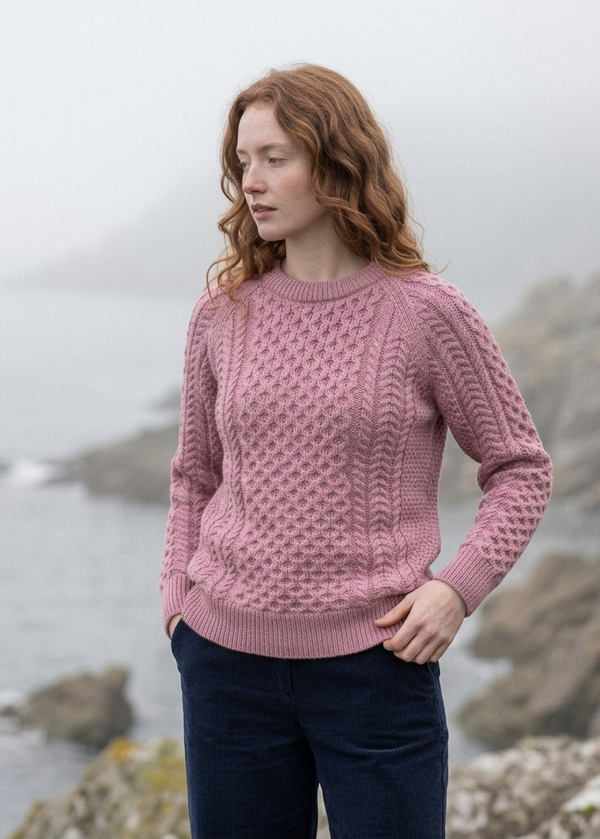 Ladies Slim-Fit Aran Sweater | Rose Pink | 100% Merino Wool