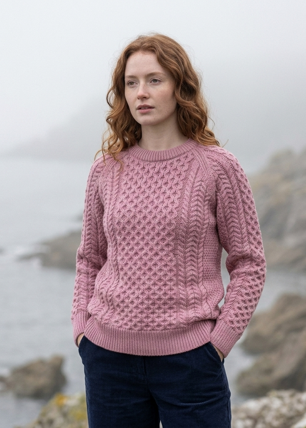 Ladies Slim-Fit Aran Sweater | Rose Pink | 100% Merino Wool