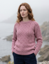 Ladies Slim-Fit Aran Sweater | Rose Pink | 100% Merino Wool