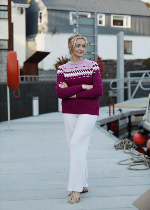 Ladies Slim-Fit Aran Fairisle Sweater | Raspberry Marl